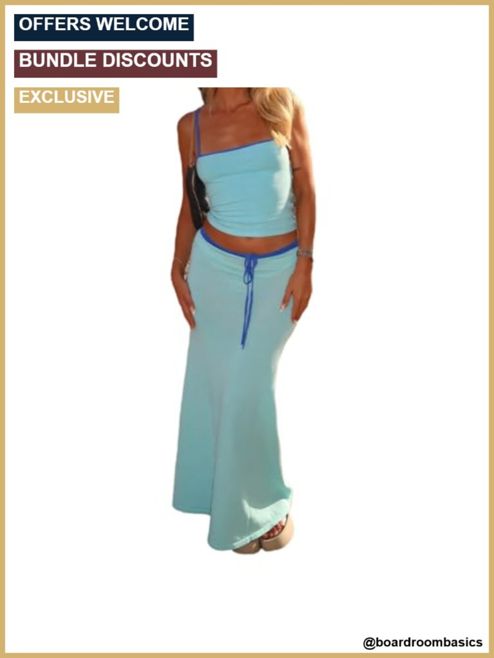 Women 2 Piece Maxi Skirt Set Sleeveless Spaghetti Strap Top Drawstring Skirt